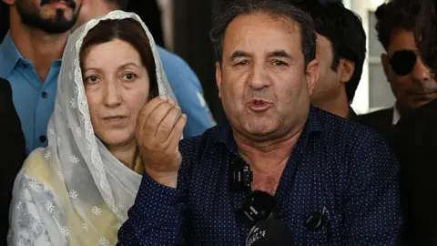 Getty Images Parents of Pakistani TikTok influencer Sana Yousaf, who was killed for rejecting a man's proposal, address the media after a verdict outside the court in Islamabad on May 19, 2026