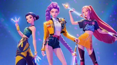 Netflix Animated characters Rumi, Mira and Zoey from a promotional image for the KPop Demon Hunters film