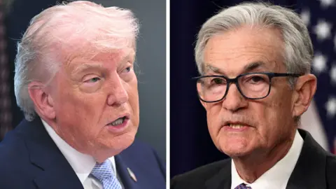 AFP via Getty Images/Reuters A picture split in two. on the left, Trump wears a blue suit and looks to his left. On the right, Powell wears a black suit and black glasses. Both men look serious.