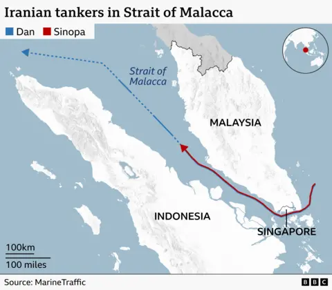 A map showing MarineTraffic tracking data for two Iranian oil tankers - Dan and Sinopa - which have been seen sailing north-west through the Strait of Malacca between Malaysia and Indonesia