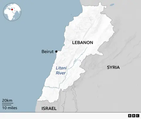 A map showing Lebanon, Syria on the west and Israel in the south.