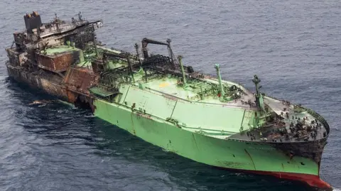 Miguela XUEREB/Newsbook Malta/AFP This aerial photo taken on March 15, 2026 shows the wreck of Russian liquified natural gas (LNG) carrier Arctic Metagaz, which is adrift between Malta and Lampedusa