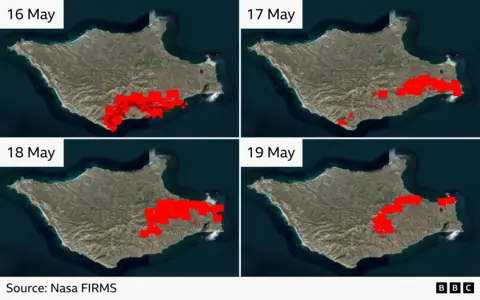 A map showing hotspots detected by Nasa’s Fire Information for Resource Management System on 16, 17, 18 and 19 May