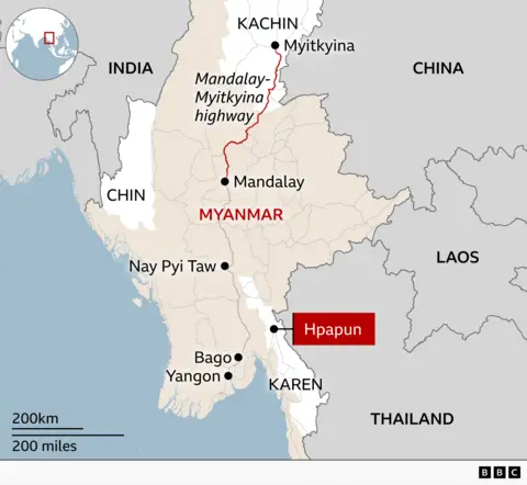 A map showing Myanmar, its main cities, as well as the three provinces of China, on the Indian border, Kachin, on the Chinese border in the north, and Karen, in the east next to Thailand. It also marks Hpapun, in Karen state.