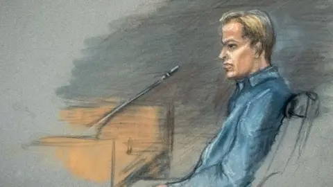NTB/AFP A sketch shows a blond man with a blue shirt at a desk and microphone