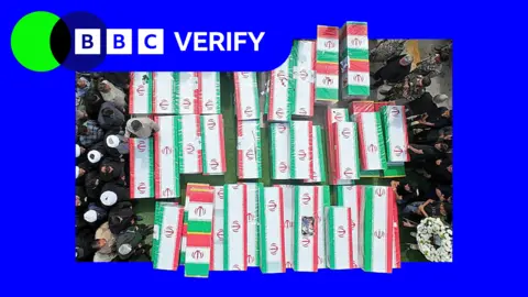 BBC The funeral of students and staff killed in a strike on a girls’ school in Minab, Iran. The image shows Iranian flags draping coffins and surrounded by people. 