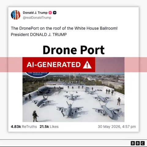 Truth Social A Truth Social post by President Trump showing an AI image of a "Drone Port" on the new White House ballroom roof along with text saying "The DronePort on the roof of the White House Ballroom! President DONALD J, TRUMP