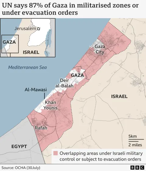 Map showing parts of Gaza under Israeli military control or subject to evacuation orders