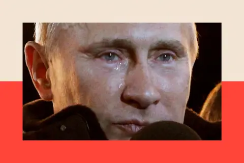 AP A close-up of Putin's face. It is night and his face is streaked with tears.
