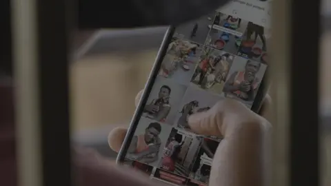 A shot of a mobile phone screen with an Instagram account displaying pictures of dogs.