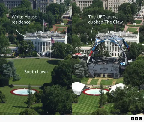 Side-by-side aerial images of the White House and its grounds. The left image shows the White House residence and an open, grassy South Lawn with a fountain in the foreground. The right image shows the same view transformed with a temporary UFC arena structure, including a large stage, seating, and an arched canopy labelled “The Claw”, set up directly on the lawn in front of the White House.
