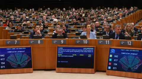 EPA European parliament interior shot showing a plenary session in which the EU/US trade deal was greenlight, pending some conditions.