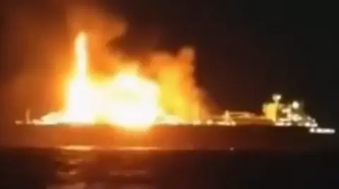 Serhii Sternenko/X A ship on fire in the dark