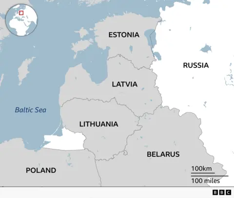 A map of the Baltic region in Northern Europe, showing three neighbouring countries: Estonia (north)
Latvia (centre)
Lithuania (south)
Surrounding areas: Russia lies to the east
Belarus is to the southeast
Poland is to the southwest
The countries border the Baltic Sea to the west
The inset map (top left) shows where this region sits within Europe.