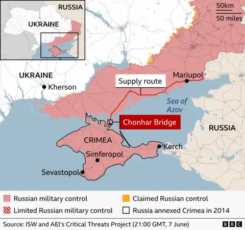 Map showing Russian military control of Ukraine.