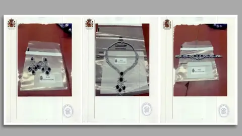 Spanish National Police Three images are shown side by side, showing earrings, necklace and a bracelet with diamond encrusted on them
