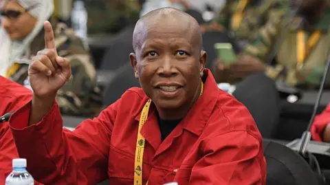 Gallo via Getty Images Julius Malema is seen in his signature red overall in parliament