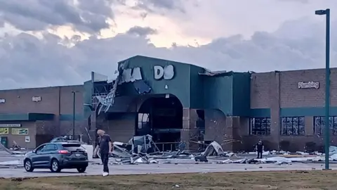 Reuters Damage is seen at a Menards store following storms and tornado warnings in Three Rivers,