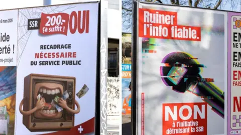 Reuters A Yes campaign poster showing an open mouth says 200 francs is enough but the No campaign showing a microphone says it will destroy the broadcaster