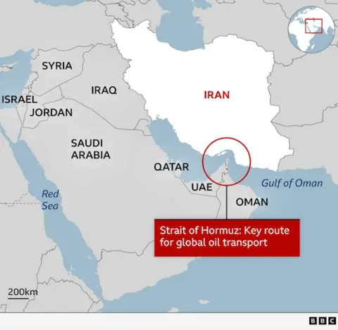 Map showing Strait of Hormuz, Iran and neighbouring countries. Name the countries by copying from your commissioning form.