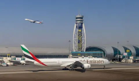 Getty Images Emirates Boeing 777-300ER aircraft at Dubai International Airport in Dubai, United Arab Emirates.