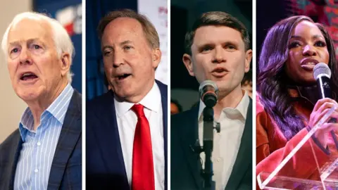 Getty Images/Reuters A composite image shows Texas politicians John Cornyn, Ken Paxton, James Talarico and Jasmine Crockett addressing their respective supporters