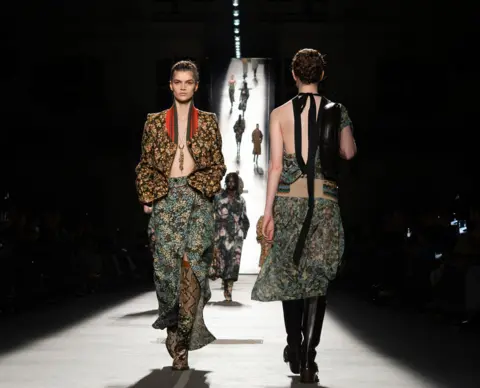 Mirella Malaguti/WWD via Getty Images Model on the runway at the Dries Van Noten fashion show as part of Paris Fashion Week Fall 2026 held Lycée Carnot on March 4, 2026 in Paris, France. 