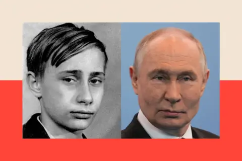 Shutterstock / Reuters A black-and-white photo of Putin as a boy on the left, and a colour photograph of Putin in the modern day on the right. 