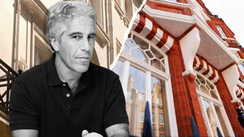Getty Images/BBC A composite image with a monochrome image of Jeffrey Epstein on the left-hand side, wearing a dark polo shirt and looking sidelong at the camera, while behind him are images of two London flats, one showing the facade of a red-brick Edwardian mansion flat and the other showing the windows of white stucco building.
