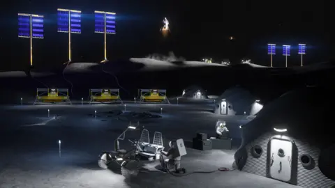 NASA Artist’s drawing showing lunar surface infrastructure supporting future Moon Base operations, including housing, power systems and rovers for astronauts