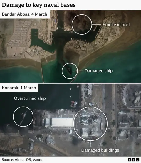A satellite image showing damage to the Bandar Abbas and Konarak naval bases. At Bandar Abbas smoke can be seen billowing from a damaged ship and builsings at the port. At Konorak, warehouses appear to be damaged and a ship is overturned in the water. 