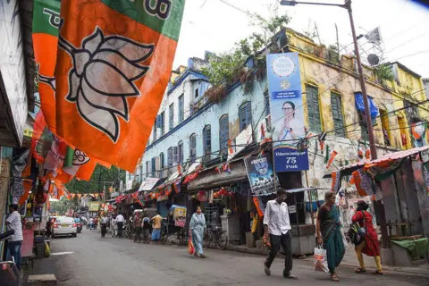 Getty Images BJP flags in Kolkata Street