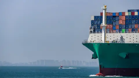 Getty Images A green shipping container vessel appears on the right of the image, in front of a large cityscape in the background.