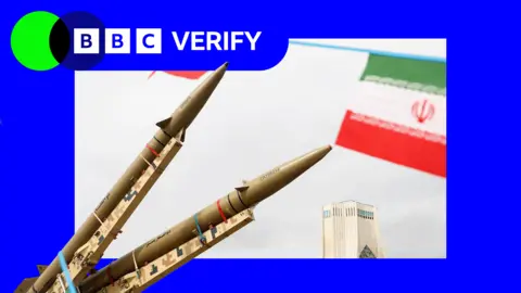 BBC Bunting of Iranian flags next to missiles on display, with Azadi Tower in the background, during the 47th anniversary of the Islamic Revolution in Tehran, Iran February 11, 2026.