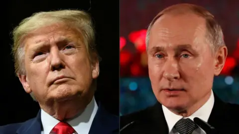Getty Images A combined picture of Donald Trump on the with a black background, and Vladimir Putin on the right in front of a blurred background. Both men are in suits wearing neutral facial expressions. 