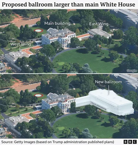 A graphic showing a Google Earth image of the old White House building at the top with the "West Wing", "Main building" and "East Wing" labelled. Below it is the same image but with a template of the newly proposed ballroom mapped over the East Wing which is labelled "new ballroom".