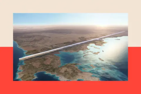 NEOM A computer-generated image showing a white line crossing Saudi land by the sea