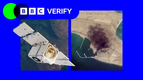 BBC A promo image showing a satellite imposed over images taken by Planet Labs of an attack on an Iranian naval port. In the attack image, smoke can be seen rising from the base. 