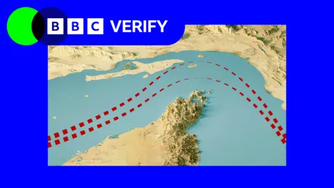 Getty Images A satellite image of the Strait of Hormuz with two red lines to show shipping lanes.