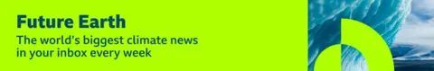 Thin, green banner promoting the Future Earth newsletter with text saying, “The world’s biggest climate news in your inbox every week”. There is also a graphic of an iceberg overlaid with a green circular pattern.