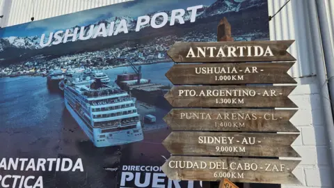 Matías Zibell / BBC News Mundo At the front is a sign showing the distances between the city of Ushuaia and other destinations around the world. Behind it is a poster with the picture of an enormous cruise ship and the words "Ushuaia Port"