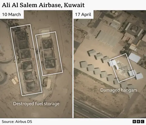 A satellite image showing damage at Ali Al Salem Airbase in Kuwait. On the left destroyed fuel buners are seen, while on the right damaged hangers are shown.