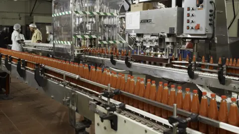Gray's Pepper Bottles of hot sauce on a production line at Gray's Pepper's factory in Jamaica