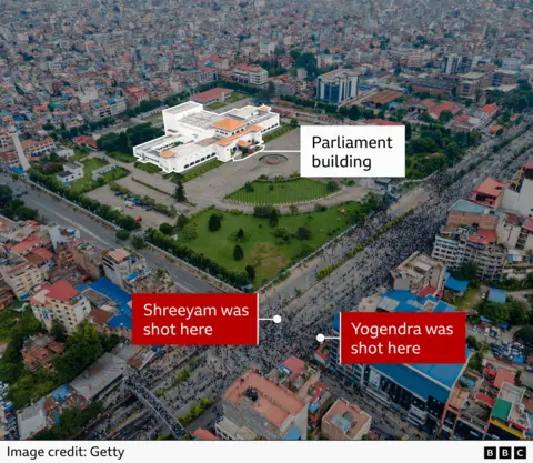 Aerial view of Kathmandu with a prominent white parliamentary building set within a green square at the centre. Surrounding the square are dense urban buildings and wide roads. Two red labels mark locations along a road crowded with people: one label on the left reads “Shreeyam was shot here,” and another on the right reads “Yogendra was shot here.” A white label above the central complex identifies the “Parliament building.”