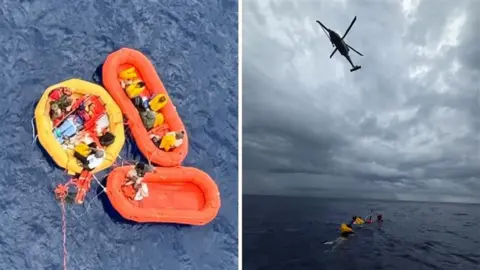 Handout Air Force Reserve Command 920th Rescue Wing Two images: left image of people inside three orange and yellow floating rafts on blue water, right image of grey clouds over blue sea with people on floats bobbing in the water