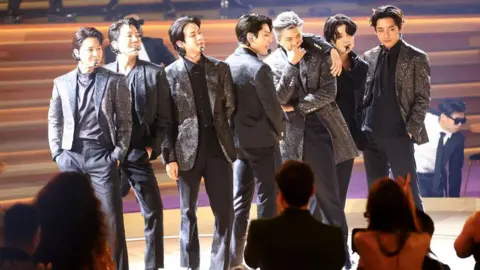 Getty Images BTS performs onstage at the 64th Annual Grammy Awards held at the MGM Grand Garden Arena on April 3rd, 2022 in Las Vegas, Nevada.