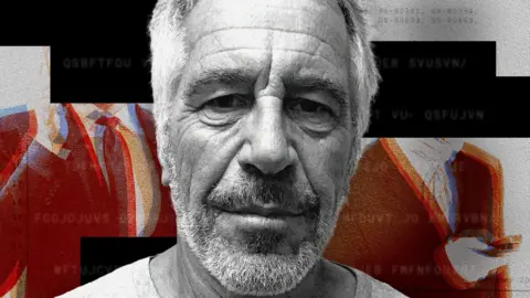 BBC A heavily stylised, high contrast composite image with a black-and-white photo of Jeffrey Epstein’s head in the centre and abstract red, orange, and beige shapes resembling suited figures on either side. The background includes dark horizontal bars with scattered, distorted alphanumeric characters. The overall effect is graphic and textured, with a mix of digital noise and collage-like elements.
