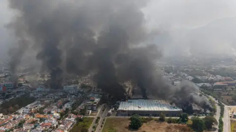 EPA An aerial photograph shows plumes of smoke over Puerto Vallarta after the killing of Nemesio Oseguera, known as El Mencho, was killed on 22 February 2026.