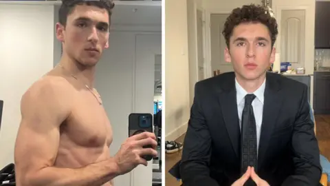 Supplied/ Steven Abelman Steven Ableman composite image: shirtless gym selfie and suited siting down.