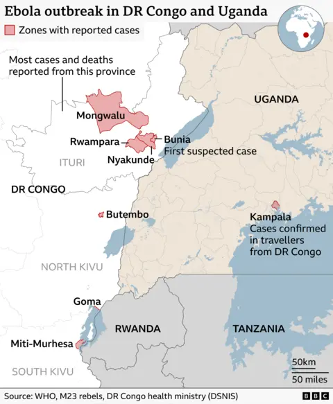 Map titled “Ebola outbreak in DR Congo and Uganda,” showing locations of reported cases in eastern Democratic Republic of Congo and parts of Uganda. Areas with cases are highlighted in red.
In DR Congo, the main cluster is in Ituri Province, labelled as having “most cases and deaths,” including regions such as Mongwalu, Rwampara, Nyakunde, and Bunia (marked as the site of the first suspected case). Additional smaller red-marked locations appear around Butembo, Goma, and Miti Murhesa.
Across the border in Uganda, a small highlighted area near Kampala is labelled “Cases confirmed in travellers from DR Congo.” Major geographic features include Lake Albert on the border and Lake Victoria in southern Uganda. Surrounding countries, including Rwanda and Tanzania, are also labelled.
